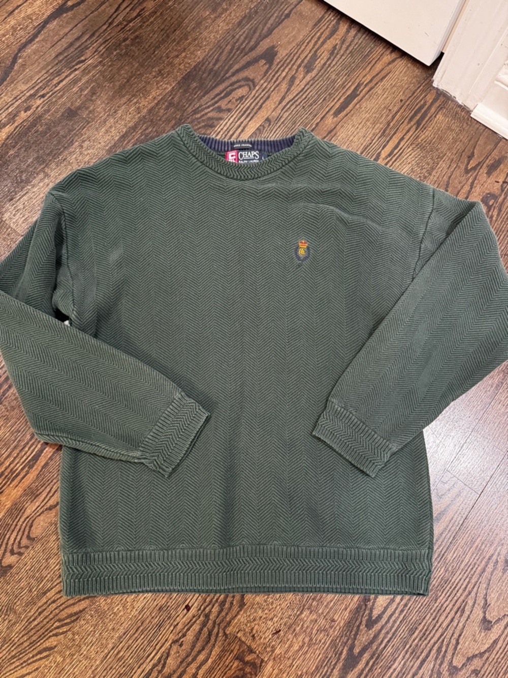 Vintage Chaps RL Herringbone Textured Olive Green Knit Crewneck Sweater (L)